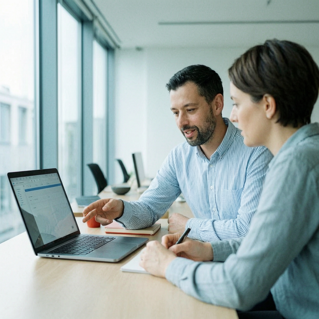 Two consultants talking a process through on screen