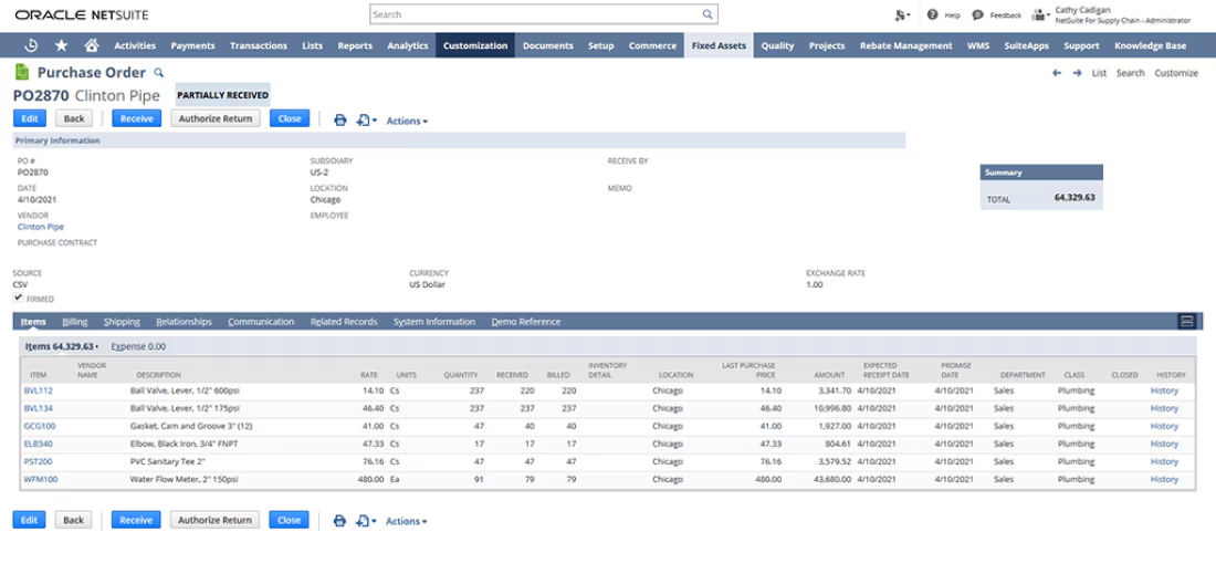 Purchase order PO2870 in NetSuite